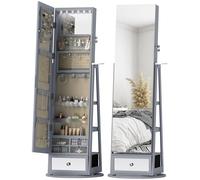 HOMCOM Espejo Joyero con Luces LED, Armario para Joyas, Armario Joyero con Espejo Entero, Giratorio de 360°, Cajón, Cerradura, Estantes Abiertos, Soporte para Secador, Gris Claro