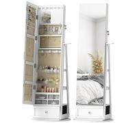 HOMCOM Espejo Joyero con Luces LED, Armario para Joyas, Armario Joyero de Pie con Espejo Cuero Entero, Soporte para Secador, Giratorio de 360°, Cajón, Cerradura, Estantes Abiertos, Blanco