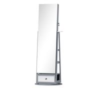 HOMCOM Espejo Joyero con Luces LED, Armario para Joyas, Armario Joyero de Pie con Espejo Cuero Entero, Soporte para Secador, Giratorio de 360°, Cajón, Cerradura, Estantes Abiertos, Gris Claro y Beige