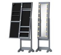 HOMCOM Espejo Joyero con Luces LED, Armario para Joyas, Armario Joyero de Pie con Espejo Entero, Ángulo Ajustable, con Estantes, Ranuras para Anillos, Gris