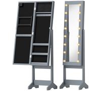 HOMCOM Espejo Joyero con Luces LED Armario para Joyas Armario Joyero de Pie con Espejo Entero Ángulo Ajustable Gris