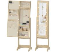 HOMCOM Espejo Joyero con Luces LED, Armario para Joyas, Armario Joyero de Pie con Espejo Entero, Ángulo Ajustable, con Estantes, Ranuras para Anillos, Madera Natural