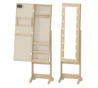 HOMCOM Espejo Joyero con Luces LED, Armario para Joyas, Armario Joyero de Pie con Espejo Entero, Ángulo Ajustable, con Estantes, Ranuras para Anillos, Madera Natural