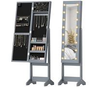 HOMCOM Espejo Joyero con Luces LED, Armario para Joyas, Armario Joyero de Pie con Espejo Entero, Ángulo Ajustable, con Estantes, Ranuras para Anillos, Gris
