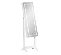 HOMCOM Espejo Joyero con Luces LED, Armario para Joyas, Armario Joyero de Pie con Espejo Entero, Inclinado en 3 Ángulos, Cierre Magnético, Cerradura con 2 Llaves, Blanco y Forro Negro