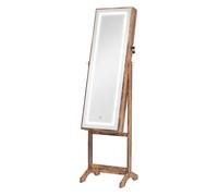 HOMCOM Espejo Joyero con Luces LED, Armario para Joyas, Armario Joyero de Pie con Espejo Entero, Inclinado en 3 Ángulos, Cierre Magnético, Cerradura con 2 Llaves, Marrón Rústico y Forro Negro