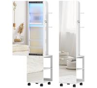 HOMCOM Espejo Joyero con Luces LED Armario para Joyas de Giro de 360° Cerradura y Llaves Superficie Blanco y Forro Beige