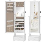 HOMCOM Espejo Joyero con Luces LED Cajones Cerradura Blanco y Forro Beige | Armario Joyero, Espejo Entero de Ángulo Ajustable, Mesa Interior Plegable, Luces Apagado Automático, Armario para Joyas