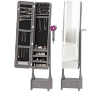 HOMCOM Espejo Joyero con Luces LED con Soporte para Secador Cajón Gris | Armario Joyero, Espejo Entero sin Marco de Ángulo Ajustable, Interruptor Táctil, Luces Apagado Automático
