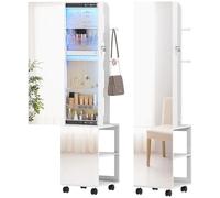 HOMCOM Espejo Joyero con Luces LED de 3 Colores, Armario Joyero de Pie Giratorio 360° con Espejo, Perchero, Cerradura con Llaves, Compartimentos, Superficie Blanca y Forro Beige