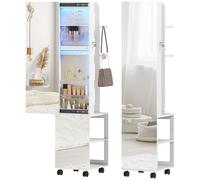 HOMCOM Espejo Joyero con Luces LED de 3 Colores, Armario para Joyas de Giro de 360°, Armario Joyero de Pie con Espejo, Perchero, Cerradura y Llaves, Compartimentos, Superficie Blanco y Forro Beige