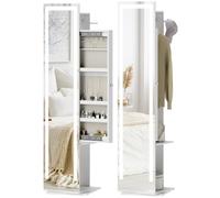 HOMCOM Espejo Joyero con Luces LED de Pie Giratorio 360° Blanco | Armario Joyero, Espejo de Cuerpo Entero sin Marco, Estantes Abiertos, Perchero, Barras para Colgar, Forro Beige