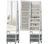 HOMCOM Espejo Joyero con Luces LED Interior, Armario para Joyas con Ruedas, Armario Joyero con Espejo Entero, Giratorio de 360°, Estantes Abiertos, Cajones de Tela, Blanco