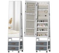 HOMCOM Espejo Joyero con Luces LED Interior Ruedas Giratorio de 360° Estantes Abiertos Cajones de Tela Blanco