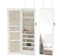 HOMCOM Espejo Joyero con Luz LED, Armario Joyero Montado en la Pared o en la Puerta, Armario para Joyas con Cerradura, Espejo Entero, Blanco