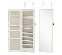 HOMCOM Espejo Joyero con Luz LED, Armario Joyero Montado en la Pared o en la Puerta, Armario para Joyas con Cerradura, Espejo Entero, Blanco