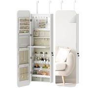 HOMCOM Espejo Joyero con Luz LED, Armario Joyero Montado en la Pared o en la Puerta, Armario para Joyas con Cerradura, Espejo Entero, 2 Cajones, Blanco