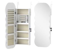 HOMCOM Espejo Joyero con Luz LED de 3 Colores, Armario Joyero Montado en la Pared o en la Puerta, Armario para Joyas con Cerradura, Espejo Entero, Diseño Ondulado, Blanco