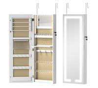 HOMCOM Espejo Joyero de Pared Armario para Joyas Colgante con Luces LED y Cerradura Espejo Integrada Armario de Joyas para Colgar en la Pared o en la Puerta Blanco y Forro Crema