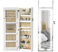 HOMCOM Espejo Joyero de Pared Armario para Joyas Colgante con Luces LED y Cerradura Espejo Integrada Armario de Joyas para Colgar en la Pared o en la Puerta Blanco y Forro Crema