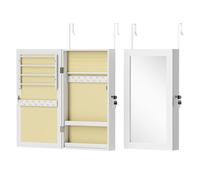 Homcom espejo joyero de pared armario para joyas con cerradura y varios compartimentos montar en pared o puerta para pendiente collar anillo pulsera blanco y forro crema 36.5 cm