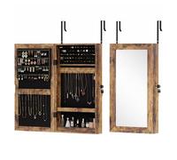 HOMCOM Espejo Joyero Pared con Cerradura Montar Pared Puerta Marrón Rústico | Armario para Joyas, Varios Compartimentos, para Pendiente Collar Anillo Pulsera, Regalo, Forro Negro