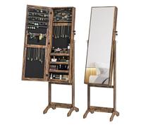 HOMCOM Espejo Joyero de Pie Armario de Joyería con 3 Ángulos Ajustables Cerradura Magnética Organizador de Joyas con Estantes Ranuras para Pendientes Anillos Collares 46x36,5x151,5 cm Marrón Rústico