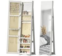 HOMCOM Espejo Joyero de Pie Blanco con Veta de Madera Forro Beige Claro | Armario Joyero, Luces LED, Cerradura, Armario de Joyas con Espejo Integrada