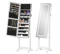 HOMCOM Espejo Joyero de Pie Armario de Joyería con Tira de Luces LED y Cerradura Magnética Organizador de Joyas con Estantes Ranuras para Anillos 46x36,5x151,5 cm Blanco