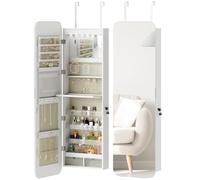 HOMCOM Espejo Joyero Luz LED Montado en Pared o Puerta 37x10x120 cm Blanco | Armario para Joyas con Cerradura, Espejo Entero sin Marco, 2 Cajones, para Regalo