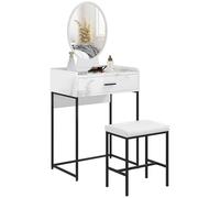 HOMCOM Estación de Maquillaje con Espejo Plegable, Taburete Acolchado y Cajón, MDF Tocador de Maquillaje y Taburete con Cojín para Dormitorio, Blanco