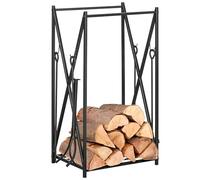HOMCOM Estante de Leña para Chimenea Soporte para Leña con 4 Herramientas Incluidas Marco de Acero Estable Carga 100 kg para Exterior e Interior 46x30x76 cm Negro