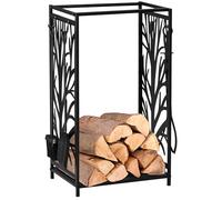 HOMCOM Estante para Leña Estantería de Almacenamiento para Chimenea Soporte para Leña con 4 Herramientas para Interior y Exterior 46x30x70 cm Carga 100 kg Negro