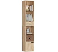 HOMCOM Estantería 6 niveles puerta cajón 30x24x158 cm madera natural | Estantería alta estrecha, estante ajustable, estante moderno exhibición pie, para sala estar, oficina casa, dormitorio