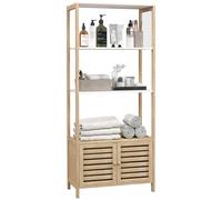HOMCOM Estantería de Baño de Bambú con 3 Estantes Abiertos Estantería de Almacenaje con Puertas de Lamas 63x30x138 cm Natural y Blanco