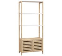 HOMCOM Estantería de Baño de Bambú con 3 Estantes Abiertos Puertas de Lamas 63x30x138 cm Natural y Blanco