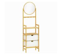 HOMCOM Estantería de Baño de Bambú con Espejo Estantería de Almacenaje con 4 Ganchos 2 Estantes Abiertos y 2 Cajones de Tela para Cocina Baño Salón 48,5x30x170 cm Natural