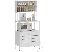 HOMCOM Estantería de Cocina Blanca con Toma de Corriente, 2 Puertos USB | Soporte para Microondas, Estante de Cocina, 2 Puertas con Lamas, Marco de Acero, Compartimentos, Comedor Salón