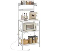 HOMCOM Estantería de Cocina con 2 Tomacorrientes, Estantería de Panadería Industrial con Estación de Café, Estante para Microondas, Estante Ajustable, Ganchos, 60x42x137 cm, Blanco