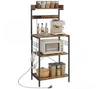 HOMCOM Estantería de Cocina con 2 Tomacorrientes, Estantería de Panadería Industrial con Estación de Café, Estante para Microondas, Estante Ajustable, Ganchos, 60x42x137 cm, Marrón Rústico y Negro