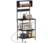 HOMCOM Estantería de cocina con enchufe múltiple para microondas con estantes y ganchos, estilo industrial, muebles de cocina vintage con marco de acero, 60 x 42 x 153 cm, color negro