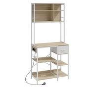HOMCOM Estantería de Cocina con Enchufes y Puertos USB 80x40x181 cm Roble | Mueble Auxiliar de Cocina, Soporte de Microondas, 8 Estantes, 6 Ganchos, Cajón de Tela, para Espacios Reducidos