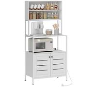 HOMCOM Estantería de Cocina con Toma de Corriente Soporte para Microondas Estante de Cocina con 2 Puertas con Lamas 2 Puertos USB Marco de Acero y Compartimentos para Comedor Salón Blanco