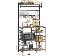 HOMCOM Estantería de Cocina con Tres Enchufes y Luces LED, Estantería de Panadería Industrial con Estantes para Microondas, Cesta de Malla Metálica, 10 Ganchos, Barra 80x42x162 cm, Marrón Rústico