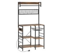 HOMCOM Estantería de Cocina con Tres Enchufes y Luces LED, Estantería de Panadería Industrial con Estantes para Microondas, Cesta de Malla Metálica, 10 Ganchos, Barra 80x42x162 cm, Marrón Rústico