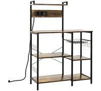 HOMCOM Estantería de Cocina Industrial Estante de Cocina con Toma de Corriente 2 Puertos USB Estantes Ajustables Ganchos y Cesta Metálica 90x42x130 cm Marrón Rústico