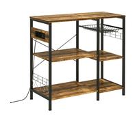 HOMCOM Estantería de Cocina Industrial Estante de Cocina con Toma de Corriente Estantes Ajustables Ganchos y Cesta Metálica 90x40x83 cm Marrón Rústico