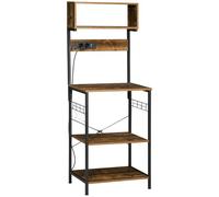 HOMCOM Estantería de Cocina Toma de Corriente 60x42x153 cm Marrón Rústico | Estante de Cocina Industrial, Estantes Ajustables, Ganchos, Cesta Metálica