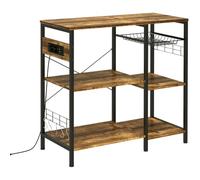HOMCOM Estantería de Cocina Toma de Corriente 90x40x83 cm Marrón Rústico | Estante de Cocina Industrial, Estantes Ajustables, Ganchos, Cesta Metálica
