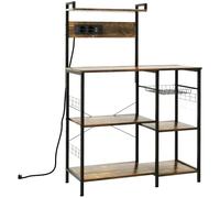 HOMCOM Estantería de Cocina Toma de Corriente 90x42x130 cm Marrón Rústico | Estante de Cocina Industrial, Estantes Ajustables, Ganchos, Cesta Metálica